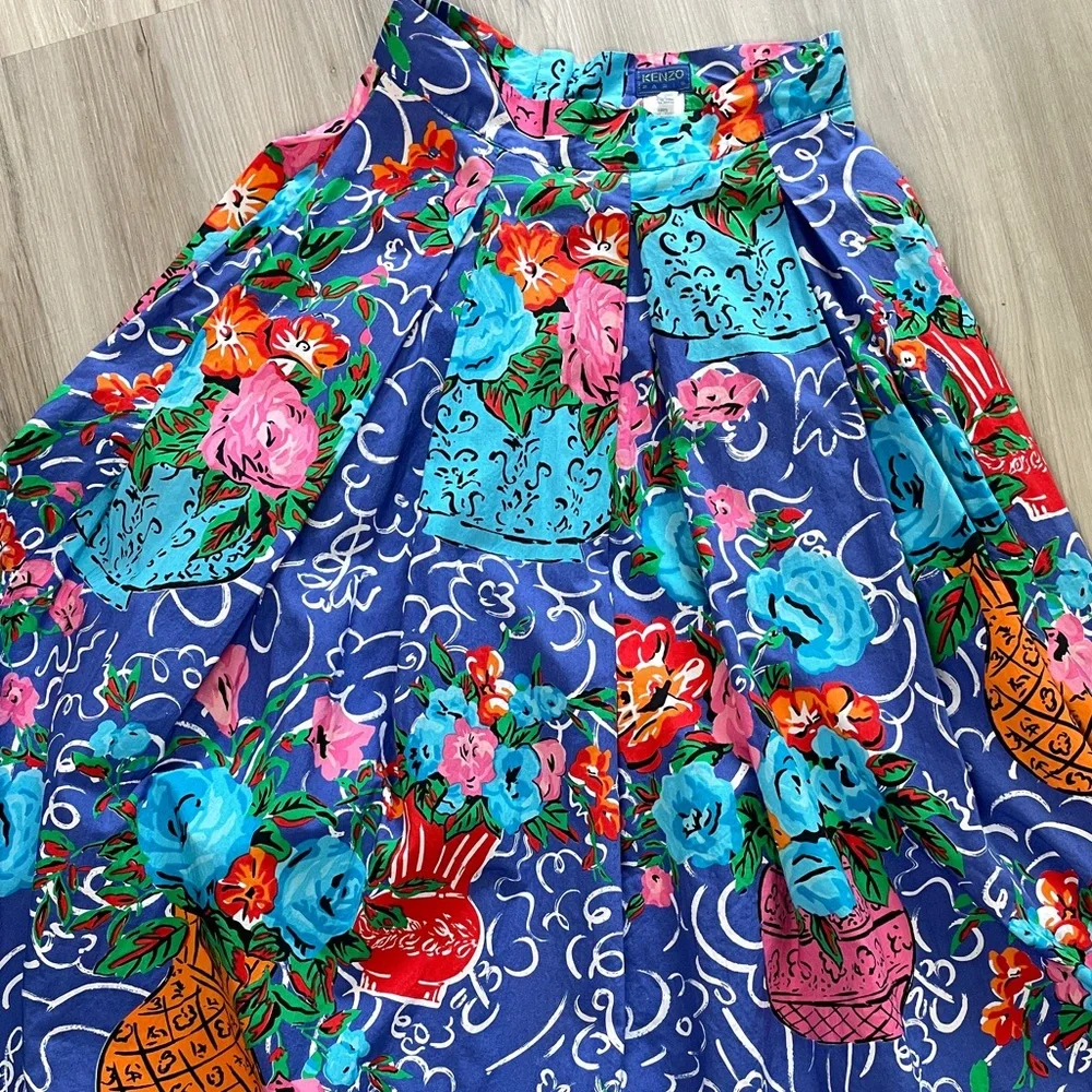 Vintage KENZO Paris High Waisted Cotton Midi Skirt Multi Color Printed Sz 38 XS